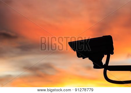 Silhouette Security Cctv Camera With Beautiful Sunset Background