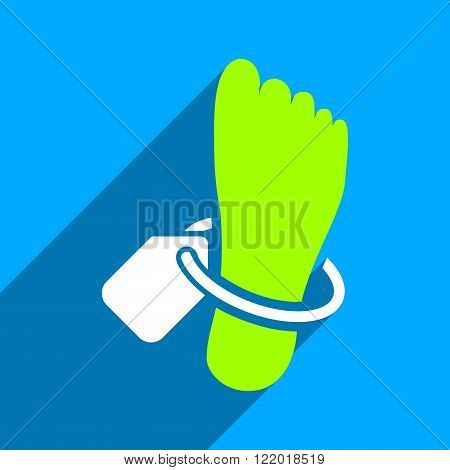 Mortuary Foot Tag long shadow vector icon. Style is a flat mortuary foot tag iconic symbol on a blue square background.