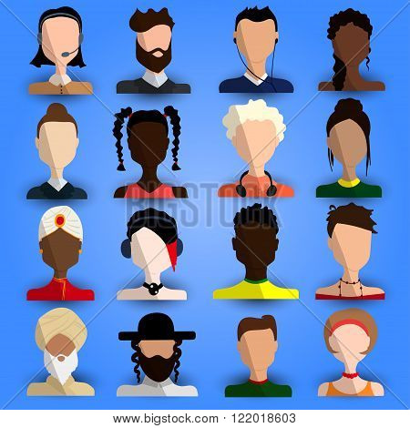 Full Cool and Artistic Avatar Set in Flat Design with Caucasian Black Hispanic Asian Arab People; Blonde Brunette Young Old Hipster Religious for Business App and Web Design