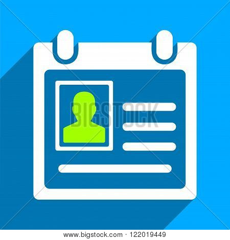 Personal Badge long shadow vector icon. Style is a flat personal badge iconic symbol on a blue square background.