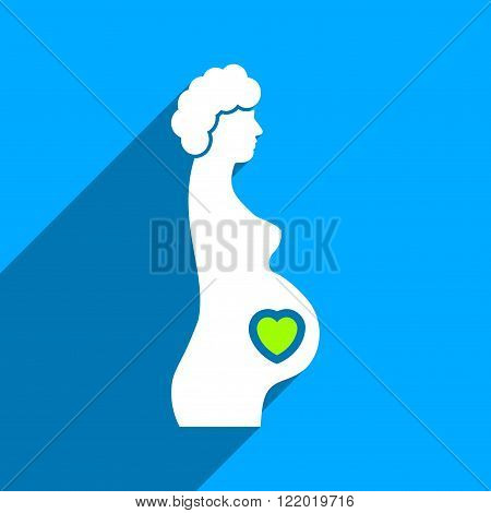 Pregnant Female long shadow vector icon. Style is a flat pregnant female iconic symbol on a blue square background.