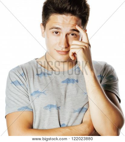 young attractive real man isolated thinking emotional on white close up gesturing smiling