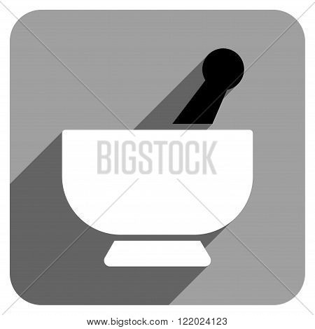 Mortar long shadow vector icon. Style is a flat mortar iconic symbol on a gray square background.