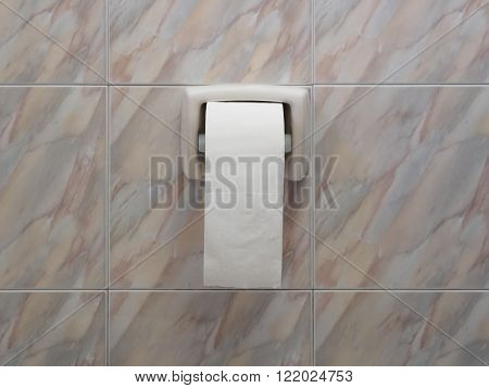Toilet paper roll on center of marble tiles wall Copy space
