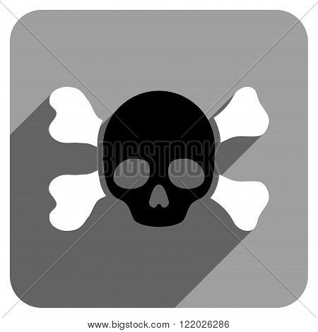 Skull and Bones long shadow vector icon. Style is a flat skull and bones iconic symbol on a gray square background.