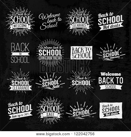 Back to School Calligraphic Designs Label On Chalkboard. Retro Style Elements. Chalk lettering Back to School. Vintage Style Back to School Hot Deals Design Layout In Vector. Logo Lettering poster.