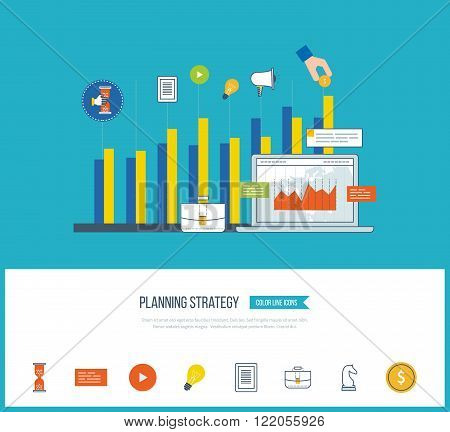 Planning strategy and marketing strategy concept. Investment growth. Investment management. Planning process. Planning meeting. Planning strategy icons vector. Planning strategy vector isolated