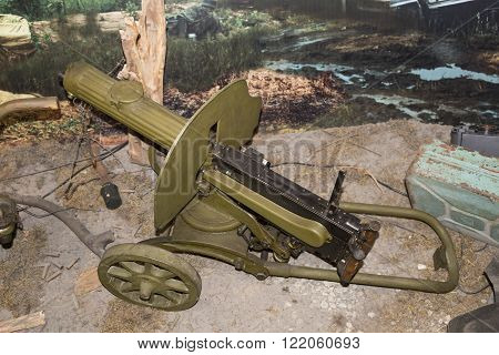 MOSCOW RUSSIA- DECEMBER 16- 7.62-mm machine gun Maxim sample of 1910 (1945) at the Central Museum of the armed forces on December 16; 2015 in Moscow
