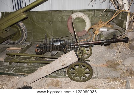 MOSCOW RUSSIA- DECEMBER 16- 12.7 mm large-caliber machine gun Degtyarev-Shpagin system models 1938 (DSHK). Issue 1944 at the Central Museum of the armed forces on December 16; 2015 in Moscow