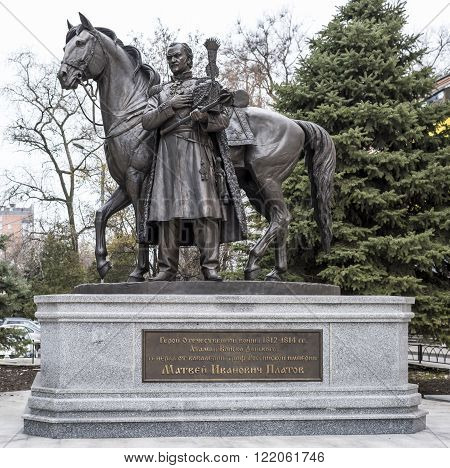 ROSTOV-ON-DON RUSSIA- NOVEMBER 29- Monument to Hero of the Patriotic War of 1812-1814 Ataman of the Don Cossacks cavalry general Graph of the Russian Empire M.I.Platov on November 29;2015 in Rostov-on-Don