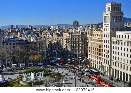 BARCELONA SPAIN - DECEMBER 30: View of Square of Catalonia in centre of Barcelona on December 30 2014. Barcelona is the secord largest city of Spain.