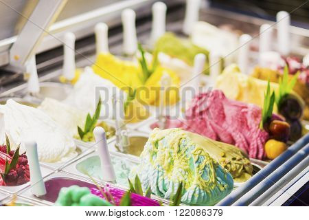classic italian gourmet gelato gelatto ice cream display in shop