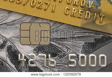 part of the credit card on the table closeup