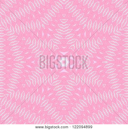 Abstract geometric seamless background. Delicate and ornate centered star pattern with ellipses elements in pink shades with white outlines.