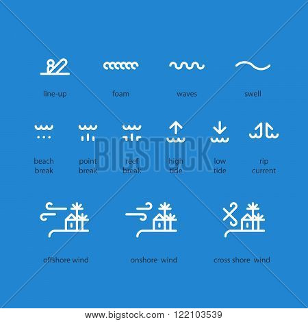 Surfing weather icons set, linear design isolated