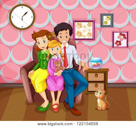 Girl and her family in the living room illustration