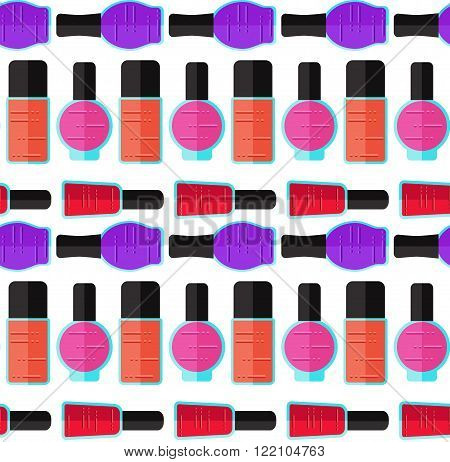 Modern nail polish semless vector pattern. Different bottles and different colors. Beuaty illustration.
