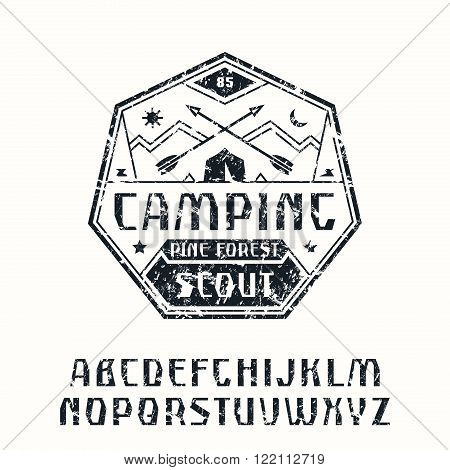 Rustic sanserif font and camping emblem. Graphic design for t-shirt. Black print on white background