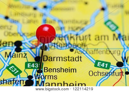 Photo of pinned Bensheim on a map of Germany. May be used as illustration for traveling theme.