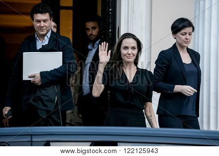 Athens Greece - March 16 2016: Hollywood star and UN refugee agency envoy Angelina Jolie leaves the Greek Prime minister's office in Athens following a meeting with Greek Prime minister
