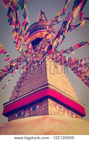 Buddhist Boudhanath Stupa in Kathmandu Nepal. Buddha eyes.