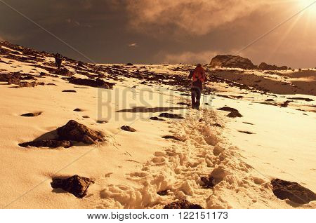 Hiking group on a trail. Sagarmatha National Park Nepal Himalayas