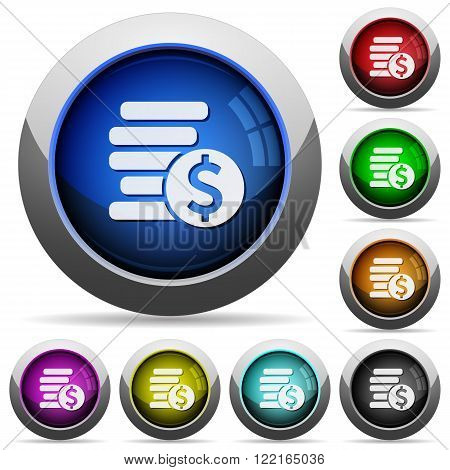 Set of round glossy dollar coins buttons. Arranged layer structure.