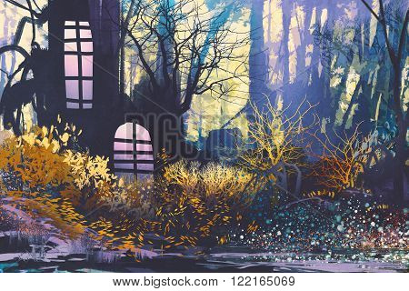 fantasy landscape with house in tree trunk.illustration painting