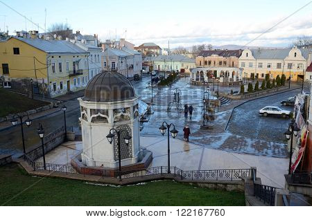 CHERNIVTSI UKRAINE - DECEMBER 1 2015: view of Turkish square with fountain on December 1 in ChernivtsiUkraine.It's popular place to relax in summer.Chernovtsy is a city in western Ukraine situated on the bank of Prut river