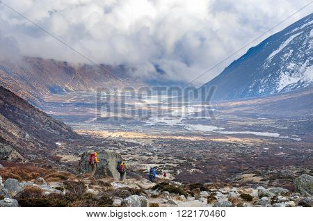 Hiking group on a trail. Sagarmatha National Park Nepal Himalayas