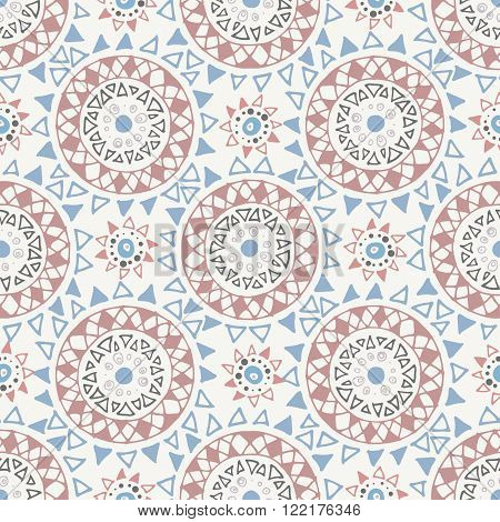 Decorative boho seamless pattern. Endless print with red, blue and grey round ornaments on beige background. Colorful repeating tribal artistic backdrop. For cloth design, wallpaper or wrapping