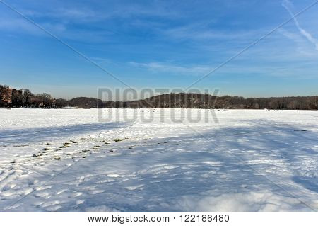 Snow in Van Cortlandt Park in the winter in Bronx, New York.