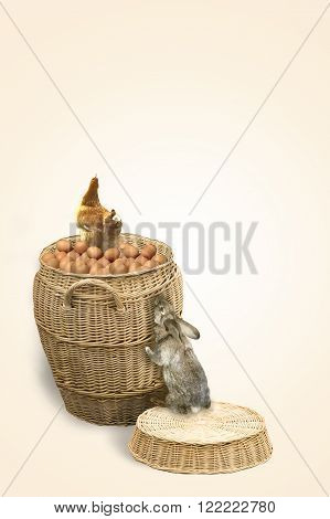 Vertical Easter card with chicken and rabbit and place for teskt