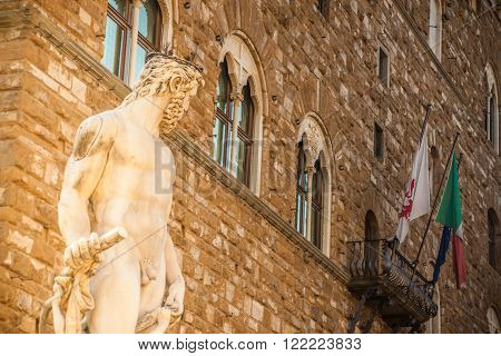 Neptune fountain in Florence, Italy. One of the main attraction on Piazza della Signoria, was build in 16th century by sculptor Bartolomeo Ammannati.