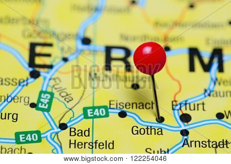 Photo of pinned Gotha on a map of Germany. May be used as illustration for traveling theme.