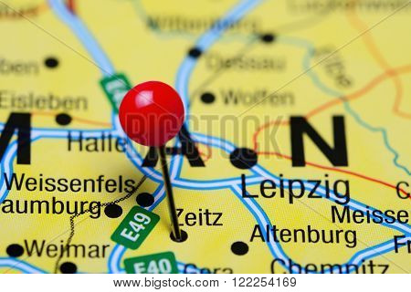 Photo of pinned Zeitz on a map of Germany. May be used as illustration for traveling theme.