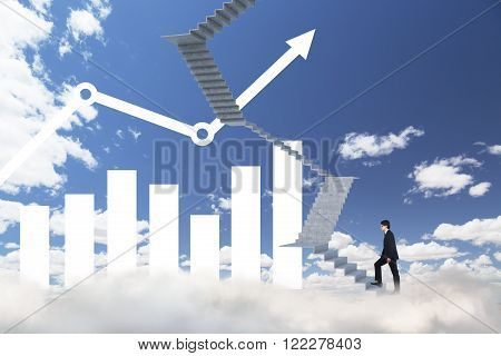 Businessman climbing upstairs blue sky and bar charts at background. Concept of career growth.
