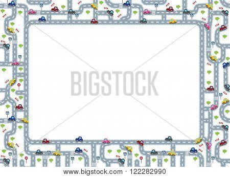 Funny frame or border of roads, grass areas and cars. Children vector illustration or background.