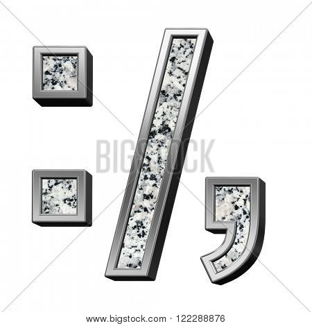 Colon, semicolon, period, comma from granite with silver frame alphabet set isolated over white. Computer generated 3D photo rendering.