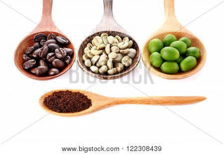 Fresh coffeeroasted coffeeground coffee in woden spoon placed on white background.