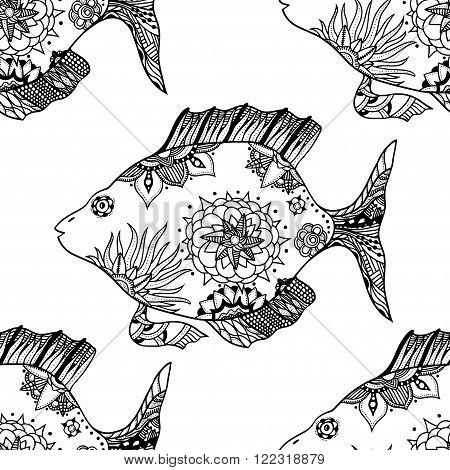 Seamless background of abstract fish: pipefish and small fish plants hand drawn style zentangl. Black and white vector illustration.