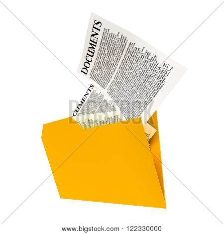 a yellow folder with sheets of paper
