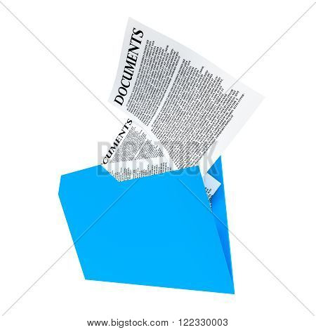 a blue folder with sheets of paper