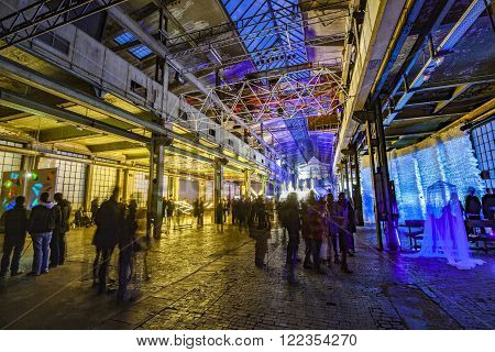 People Enjoy Watching Light Objects At Night During Luminale  In Frankfurt