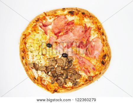 Original Italian Pizza "Four Seasons" isolated on white. The restaurant's menu.