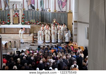 ZAGREB, CROATIA - JANUARY 31: Holy Mass, the consecration of the new altar, led by Cardinal Josip Bozanic, archbishop of Zagreb in the church of Saint Blaise in Zagreb, Croatia on January 31, 2015