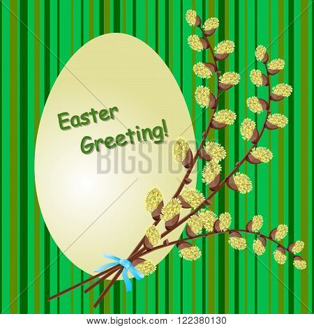 Easter greeting Easter egg and willow on a green striped background. Greeting card. Vector illustration.