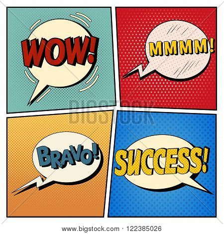 Comic Bubbles Set. Expressions Wow Mmmm Bravo Success. Halftone Background. Pop Art. Vector illustration