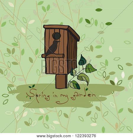 Spring in my garden. Vector illustration with a bird.