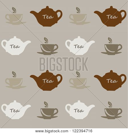 Seamless vector pattern with tea pots and tea cups on a grey background. Vector illustration. Set